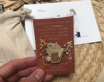Personalized Thank You Teacher Gift, Wooden Watering Can Pin, Card, End of Year Gift Set for Children, Atsem, Nanny, School, 100% French Designer