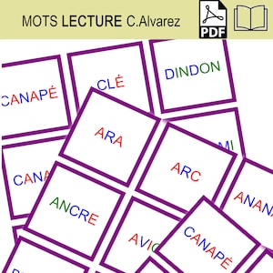 Cartes LECTURE #Violet, pour se lancer dans la lecture, Mots simples + digrammes, Celine Alvarez Montessori, matériel éducatif, école
