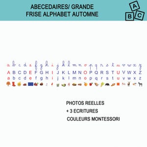 May include: A colorful educational poster featuring the alphabet in uppercase, lowercase, and cursive fonts. The letters are in red and blue. The poster includes the text "ABECEDAIRES/ GRANDE FRISE ALPHABET AUTOMNE", "PHOTOS REELLES", "+ 3 ECRITURES", and "COULEURS MONTESSORI".