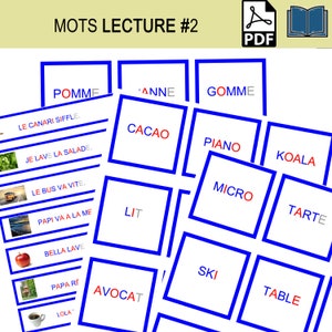 Cartes LECTURE #2, Mots + Phrases à lire, série bleue Montessori, cartes, Apprendre à lire, matériel pédagogique éducatif à télécharger