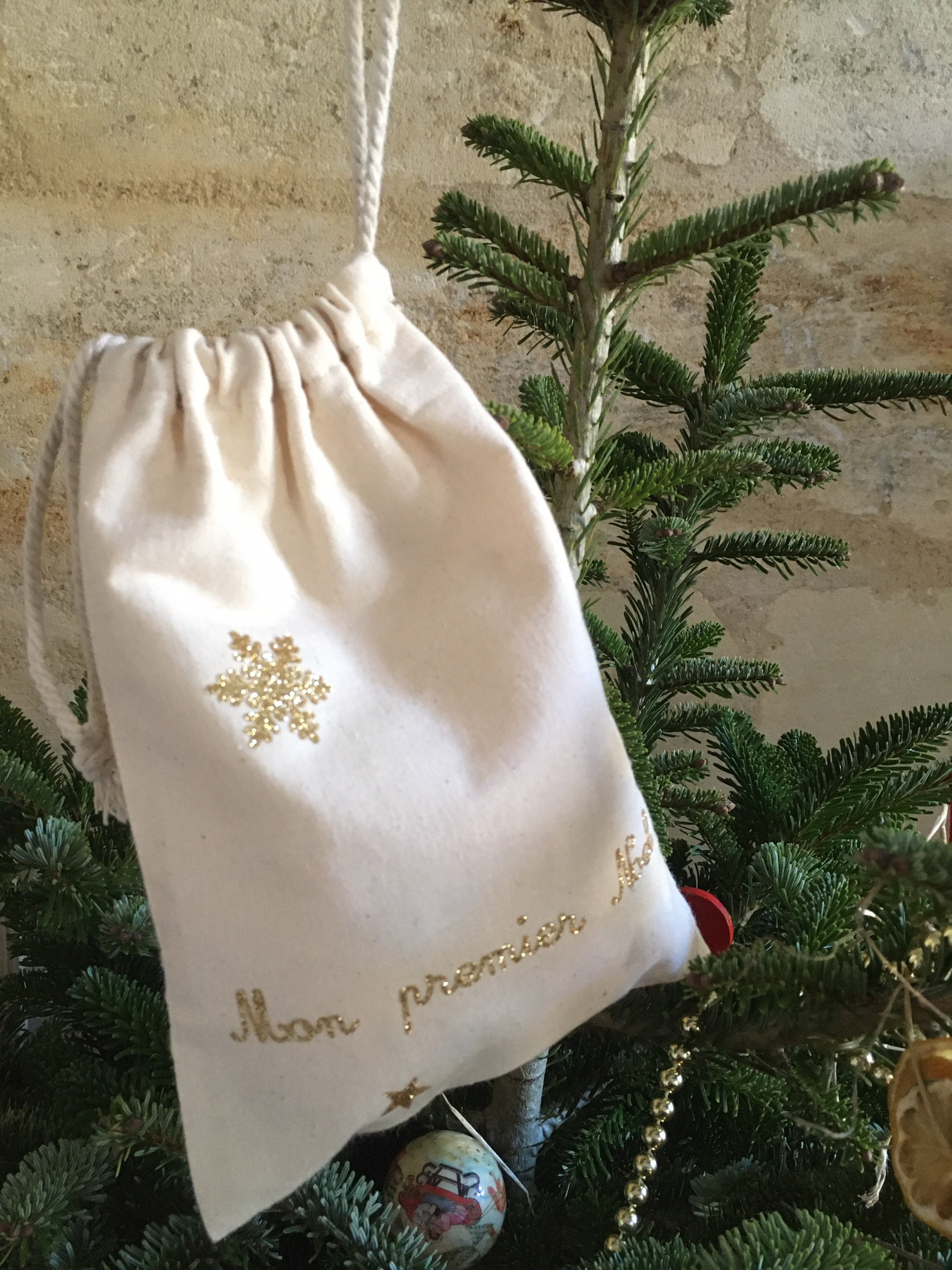 Pochon Cadeau Noel, Sac Coton Biologique, Mon Premier Or Argent Rouge Pailleté, Décoration Hotte Pèr