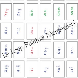 Alphabet + digraphs, Montessori colors, NUMBER file, SOUND BOX, alphabet letters, cursive capital letters