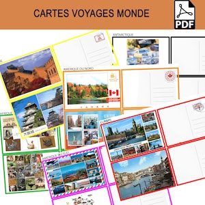 14 cartes postales du monde, découvrir le monde et voyager avec votre enfant, 7 continents, couleurs montessori, recto verso timbres