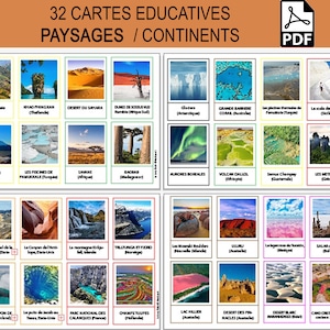 32 Paysages du Monde, Cartes Nomenclatures, Montessori, Photos plus beaux paysages monde, 7 continents, Géographie, Apprendre, École, Enfant