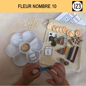 Number flower, complete box to handle, rigid flower-shaped board, pawns, dummy pieces, Montessori ten bars, MHM calculation