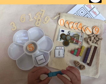 Number flower, complete box to handle, rigid flower-shaped board, pawns, dummy pieces, Montessori ten bars, MHM calculation