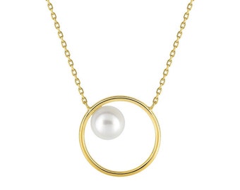 Necklace in 18 carat yellow gold circle pattern with cultured pearl