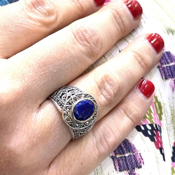 Chevalière en argent avec lapis lazuli et marcassites