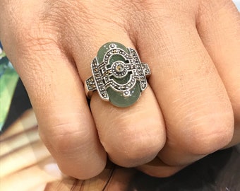 Art deco silver ring set with green jade and marcasites