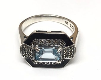 Silver ring 925/1000 art deco style, blue topaz, black enamel and marcasites, vintage look jewelry for women