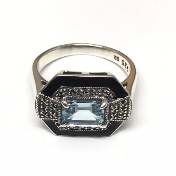 Bague en argent 925/1000 style art déco , topaze bleue , émail noir et marcassites , bijoux look vintage pour femmes