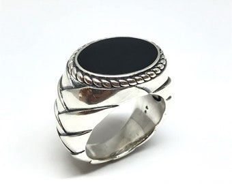 Large solid silver and black onyx men's ring