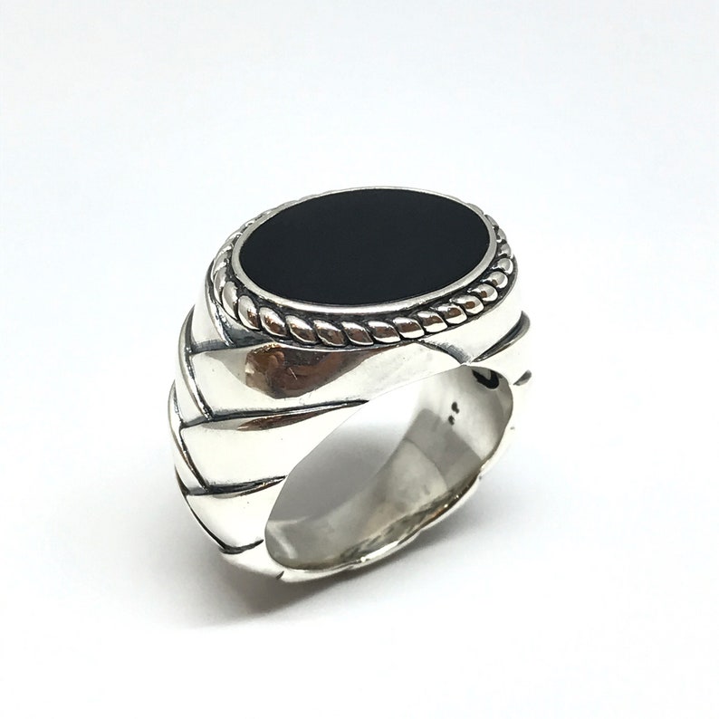 Large solid silver and black onyx men's ring image 1