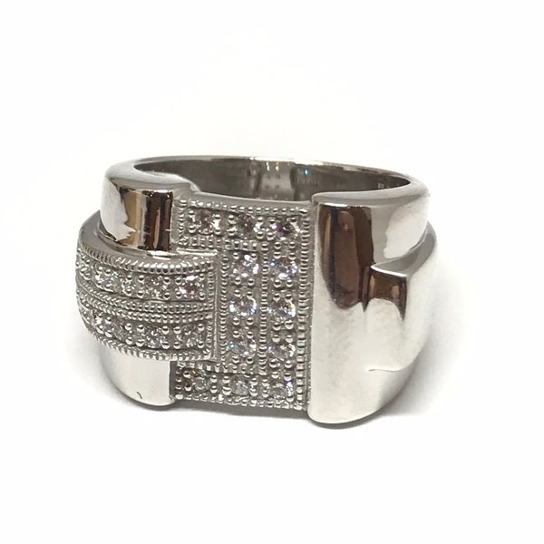 Bague en argent et zirconium , style art déco , look vintage pour femmes ou hommes , Bague tank , bijoux tendance , cadeau original