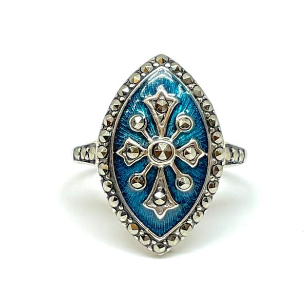 Bague femme en argent , Email bleu et marcassites