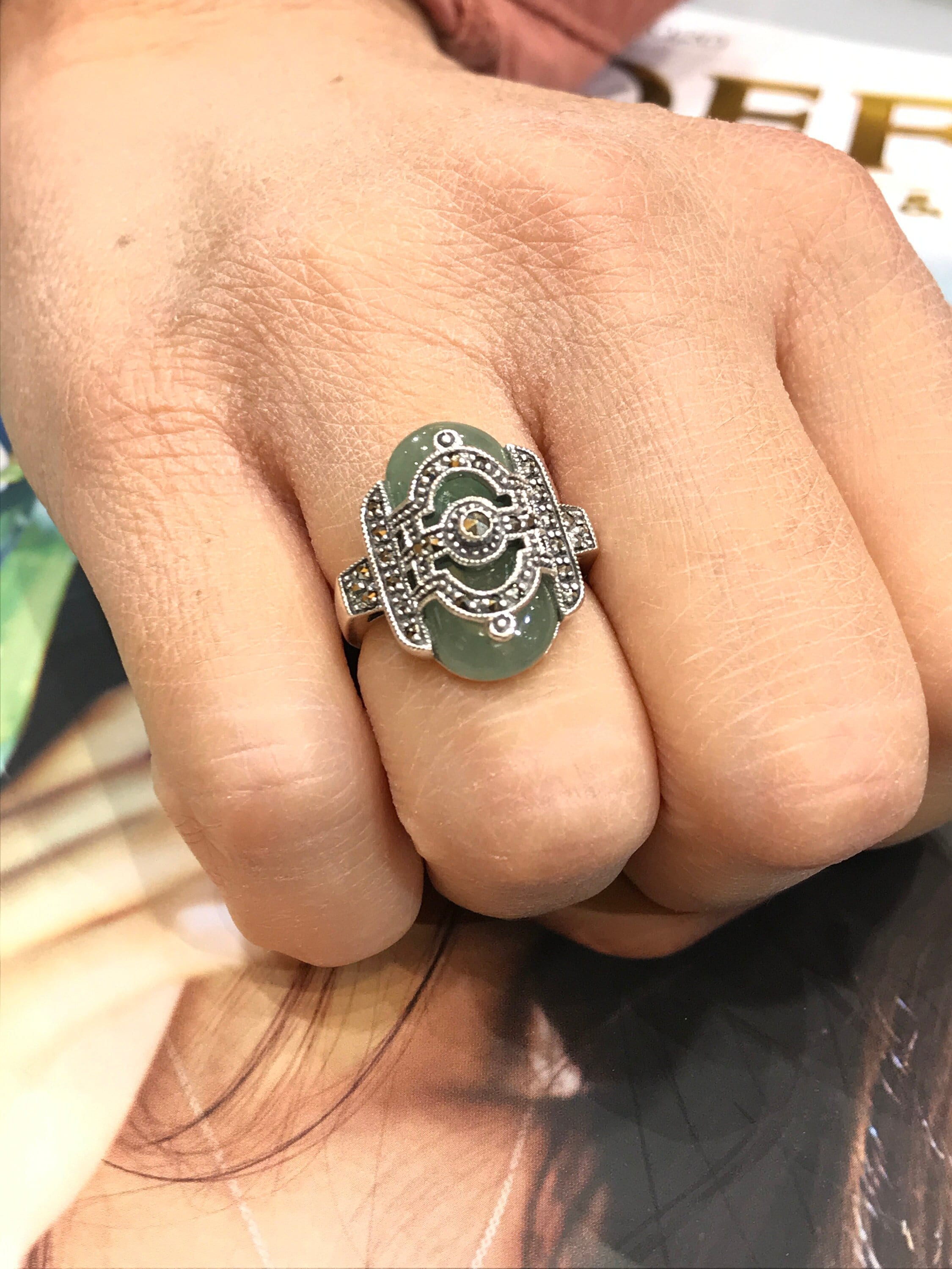 925 Sterling Silver Art Nouveau Ring - Green Jade Cabochon & Natural Marcasite Statement Ring For Women