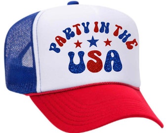 PARTY in the USA - glitter trucker hat, Fourth of July trucker hat, made in America hat, patriotic trucker hat