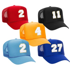 Customizable CHENILLE NUMBER PATCH Trucker Hat, chenille patch trucker hat, custom trucker hat,