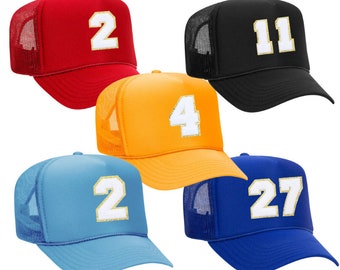 Customizable CHENILLE NUMBER PATCH Trucker Hat, chenille patch trucker hat, custom trucker hat,