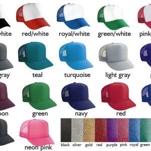 May include: A collection of 18 trucker hats in various colors, including black, white, red, blue, green, gray, teal, turquoise, purple, maroon, navy, and neon pink. The hats have a mesh back and a solid front panel. The front panels are all different colors, while the mesh back is always black.