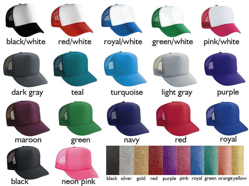 May include: A collection of 18 trucker hats in various colors, including black, white, red, blue, green, gray, teal, turquoise, purple, maroon, navy, and neon pink. The hats have a mesh back and a solid front panel. The front panels are all different colors, while the mesh back is always black.