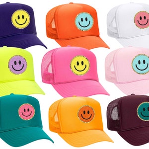 Customizable CHENILLE SMILE PATCH Trucker Hat, customizable trucker hat