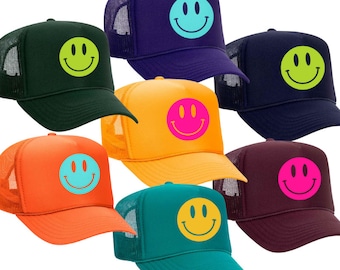 SMILE - YOUTH SIZED colorful trucker hat, smiley face hat, smiley face trucker hat, smiley face, colorful trucker hat