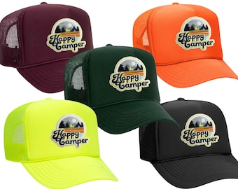 HAPPY CAMPER - Embroidered Patch Trucker Hat (Multiple Colors), happy camper trucker hat, happy camper patch