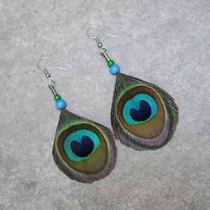 Peacock Feathers Earrings, Natural Blue and Green Feathers, Unique Gift image 2