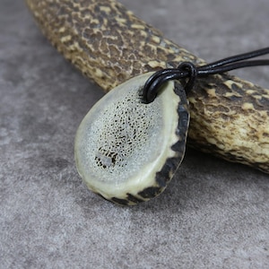 Natural Antler Medallion, Good Luck Antler Pendant, Deer Totem Jewelry, Rustic Brown Leather Necklace, Unique Handcrafted Gift