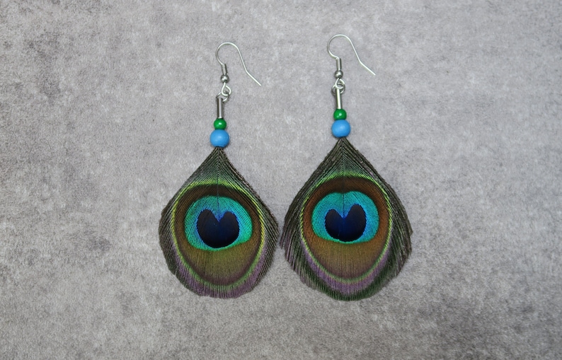 Peacock Feathers Earrings, Natural Blue and Green Feathers, Unique Gift image 3