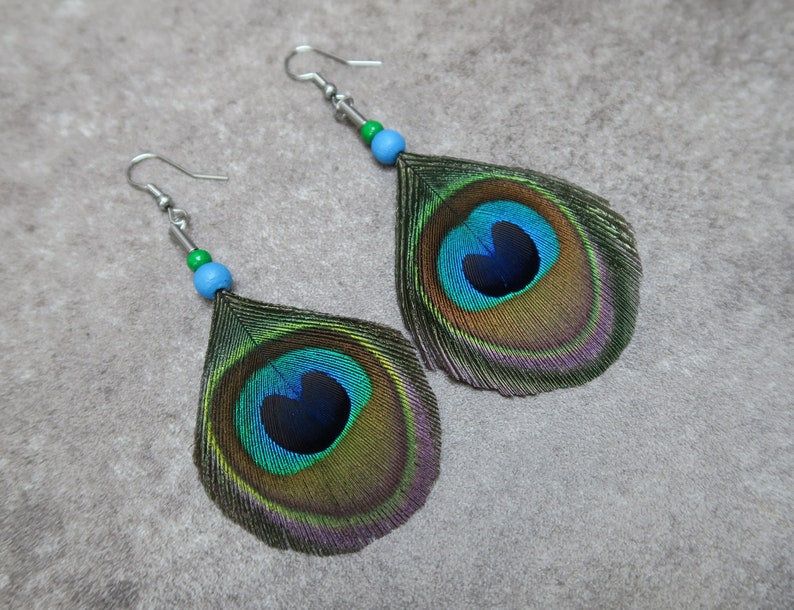 Peacock Feathers Earrings, Natural Blue and Green Feathers, Unique Gift image 6