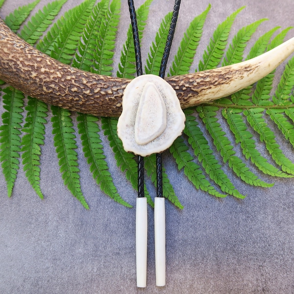 Antler Bolo Tie for Men with Black Leather Cord and Buffalo Bone Tips, Unique Gift for Men