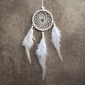 Puede incluir: Un atrapasueños blanco con un diseño de telaraña circular tejida y tres plumas blancas colgando debajo. El atrapasueños está suspendido sobre un fondo de tonos neutros, mostrando sus delicados detalles.