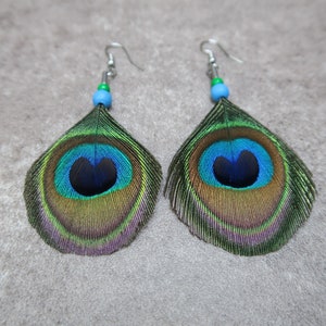 Peacock Feathers Earrings, Natural Blue and Green Feathers, Unique Gift image 4