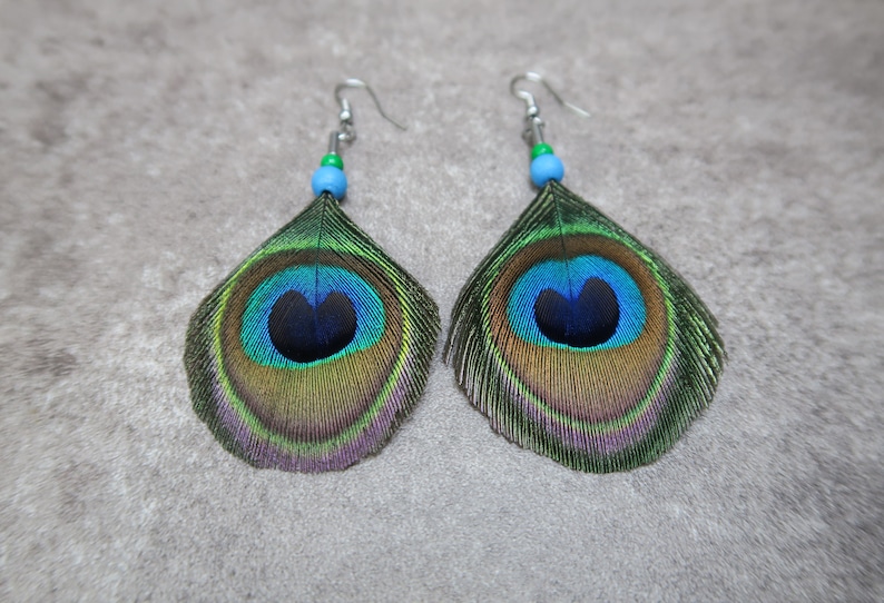 Peacock Feathers Earrings, Natural Blue and Green Feathers, Unique Gift image 4