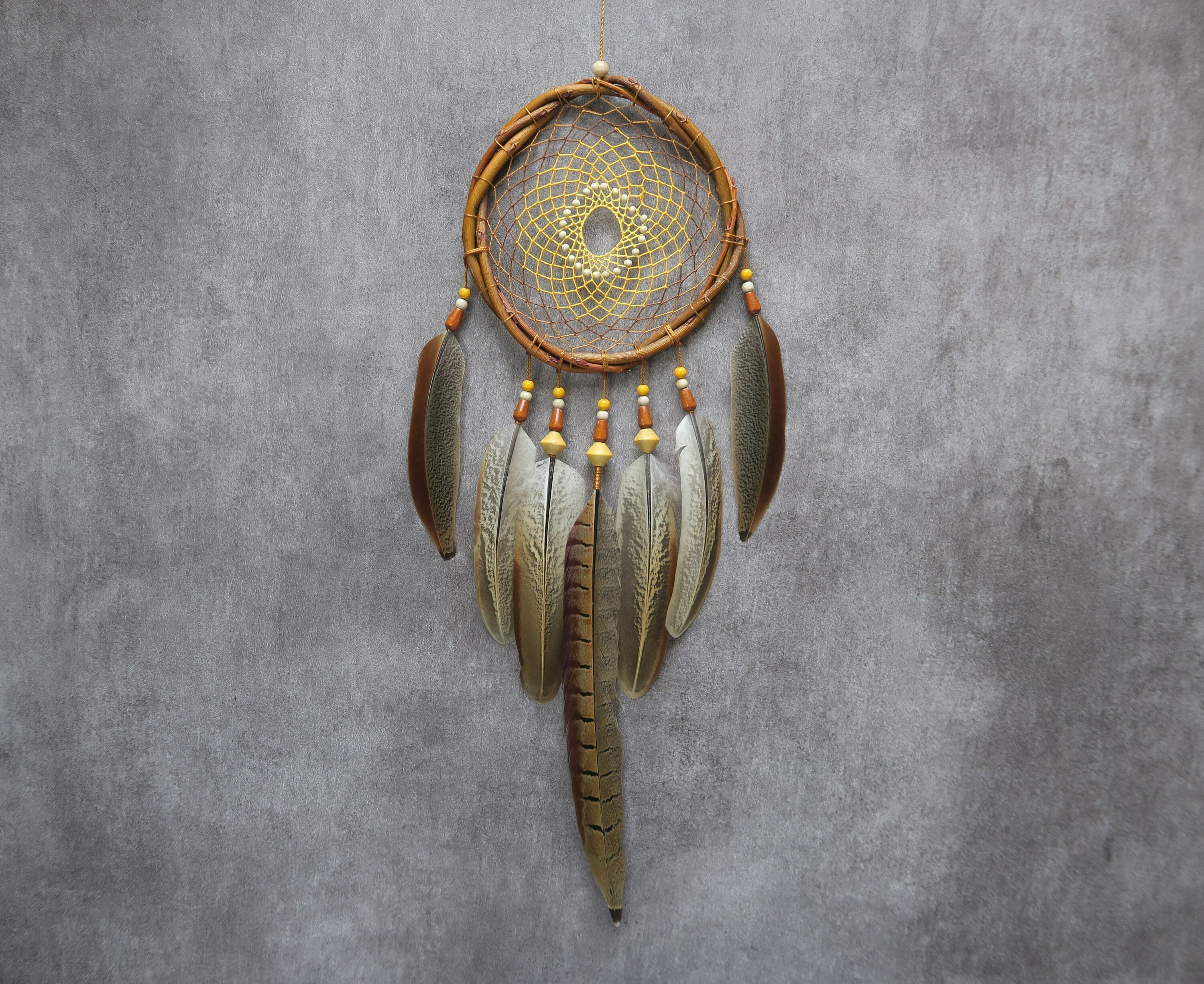 Grand Attrape Rêves, Dreamcatcher en Osier, Capteur de Rêves Jaune, Plumes Naturelles Faisan, d'orig