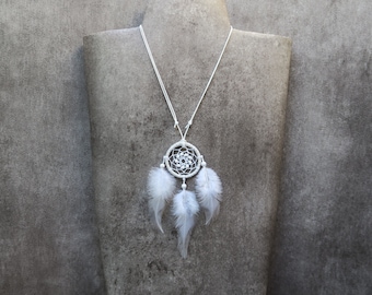 White Dreamcatcher Necklace, Small Dreamcatcher Pendant,  Boho Jewelry, Cruelty Free Natural Feathers, Unique Ethical Gift