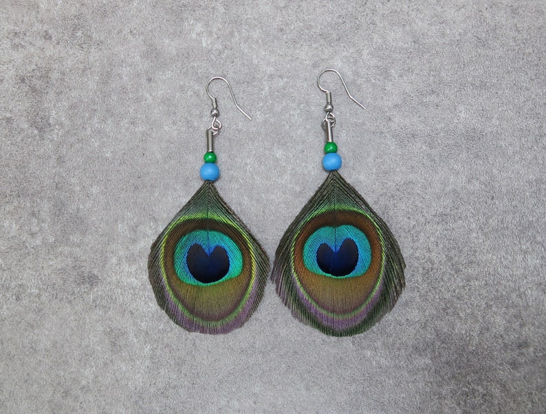 Peacock Feathers Earrings, Natural Blue and Green Feathers, Unique Gift image 1