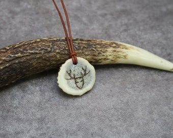 Ethical Antler Jewelry, Natural Deer Antler Pendant, Brown Leather Necklace, Deer Head Pendant, Unique Handcrafted Gift