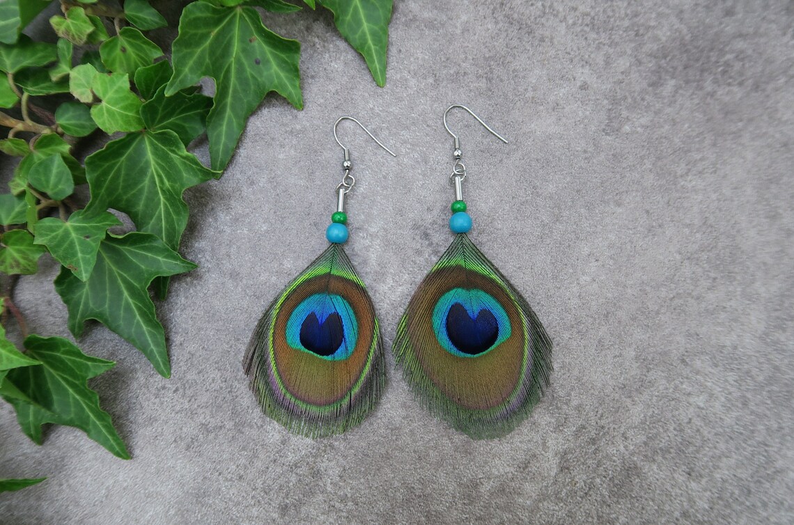 Boucles D'oreilles Pendantes En Véritables Plumes De Paon - Forme Oiseau, Vert Naturel, Crochet Acier - Neuf