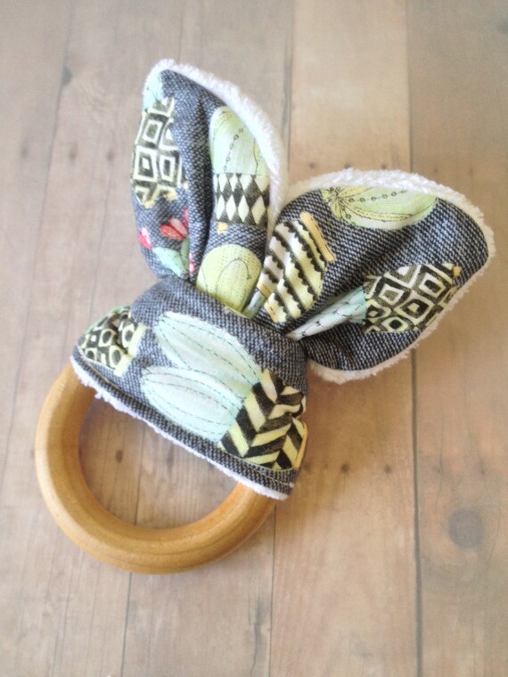 Wooden Teething ring with soft crinkly sounding bunny ears