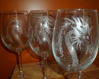 6 verres à vin en gravure sur verre motif dragons personnalisables