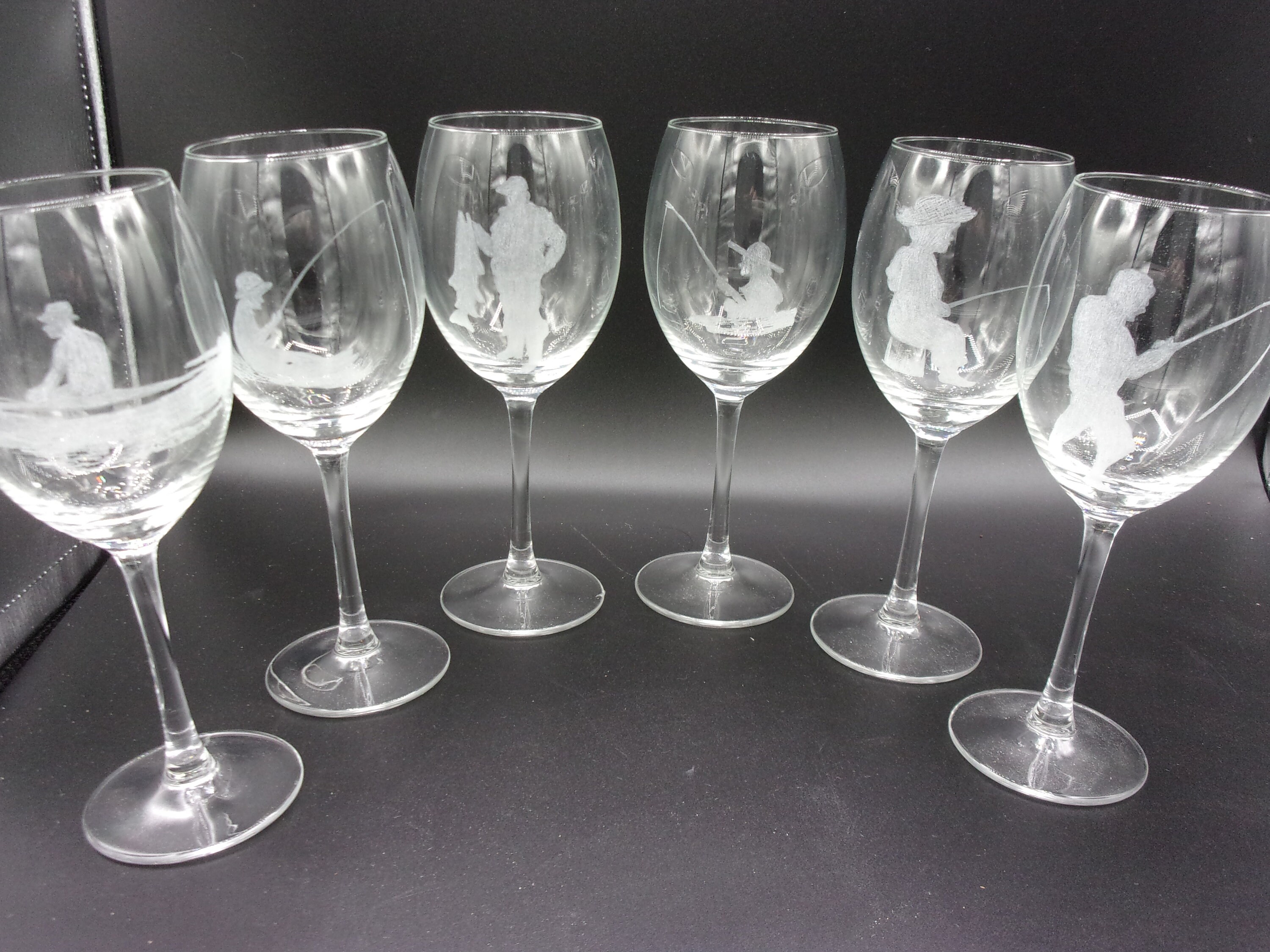 6 Verres à Vin en Gravure sur Verre Motif Pêcheurs , Personnalisables