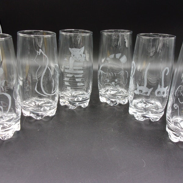 6 verres gravés motif chat, personnalisables