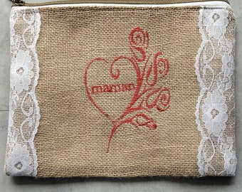 Burlap pouch - lace - embroidered heart - lined - Mother's Day - mom gift - For Her - Unique - pencil case