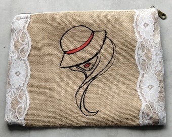 Pochette toile jute - dentelle - pochette maman - fête des mères - pochette maquillage - pochette rustique - fait main - unique -