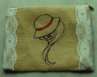 Pochette toile jute - dentelle - pochette maman - fête des mères - pochette maquillage - pochette rustique - fait main - unique -