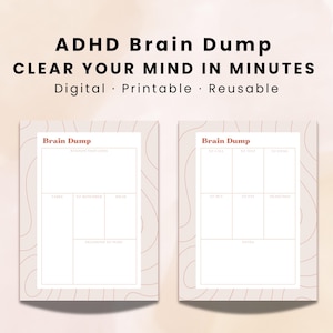 ADHD ブレインダンプ 印刷可能なバンドル | オープン + 構造化思考オーガナイザー | ミニマルな日付なしプランナー | すぐにダウンロード