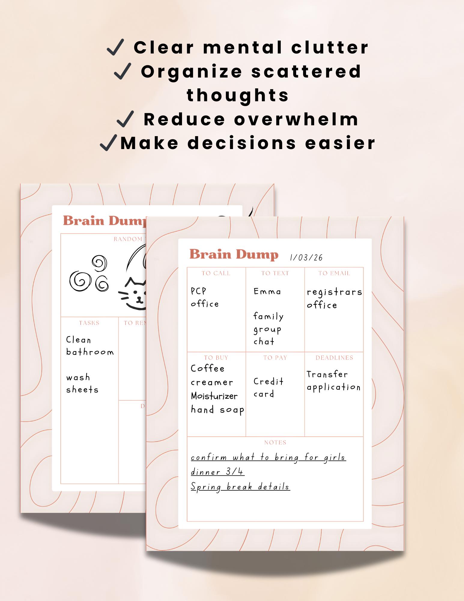 ADHD Brain Dump Printable Bundle | Open + Structured Thought Organizer ...